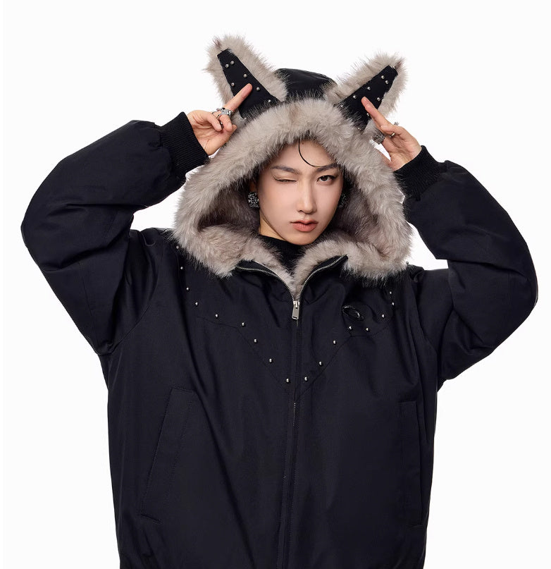 Women's American-style Ear Mountain Carved Fur Collar Loose Puffer Jacket